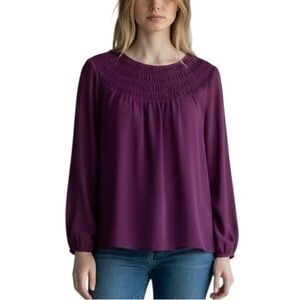 Calvin Klein Smocked Neckline Merlot Long Sleeve Blouse XL